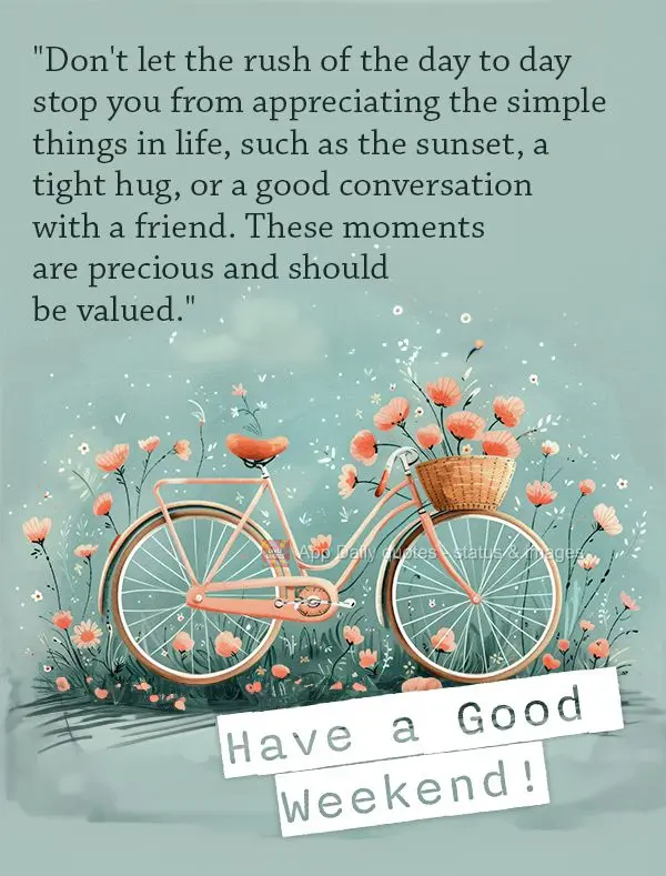"Don't let the rush of the day to day stop you from appreciating the simple things in life, such as the sunset, a tight hug, or a good conversation with ...